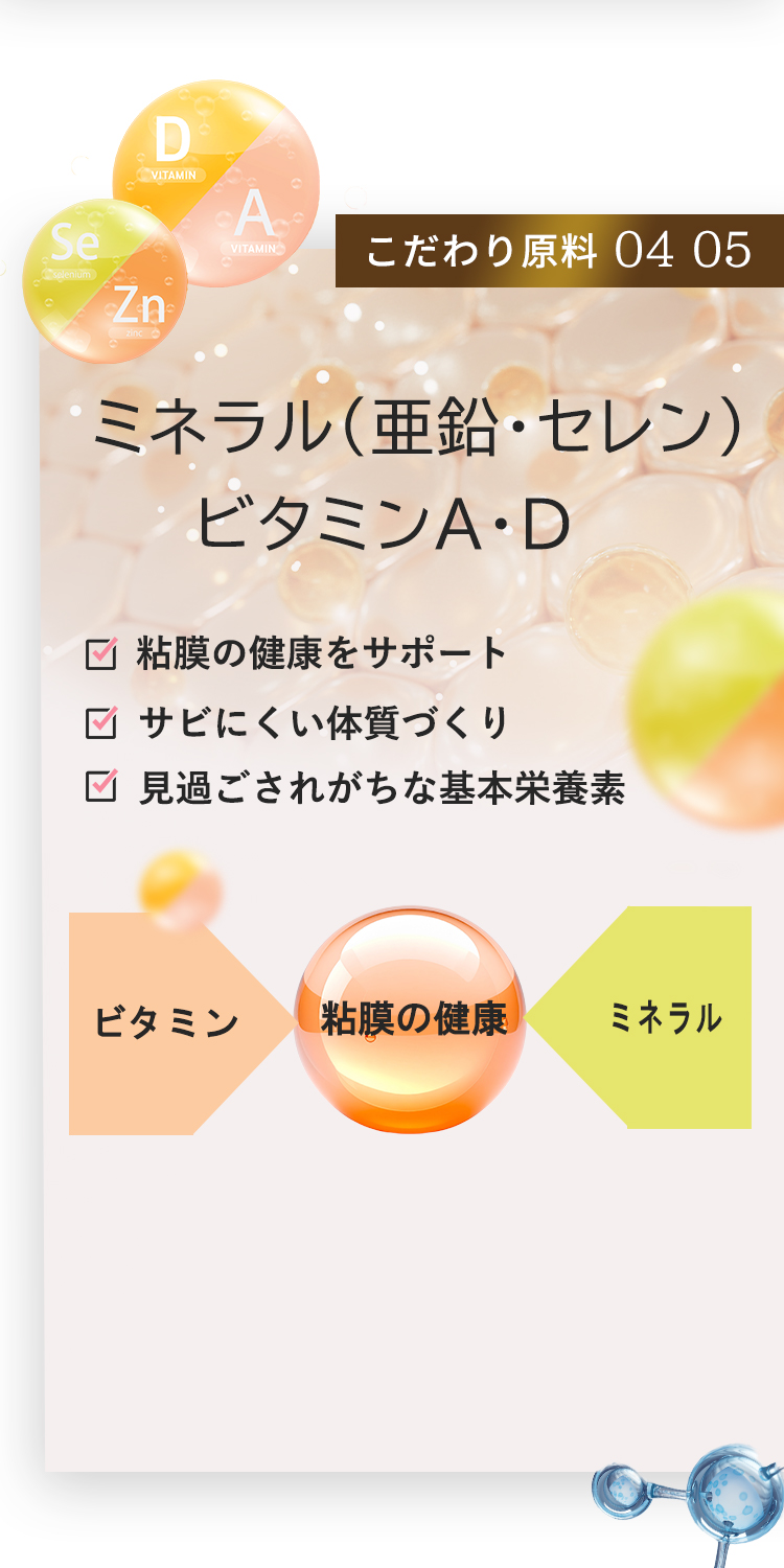 こだわり原料04 05 ミネラル（亜鉛・セレン）ビタミンA・D